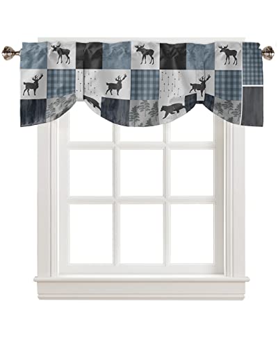 Retro Country Bear Elch Tie Up Vorhang Volant für Fenster/Wohnzimmer/Küche/Badezimmer Bauernhaus, grau-blau, Büffelkariert, kurze Stangentasche, rustikaler Kabinenvorhang, 1 Paneel, 137x45 cm von Homechoid