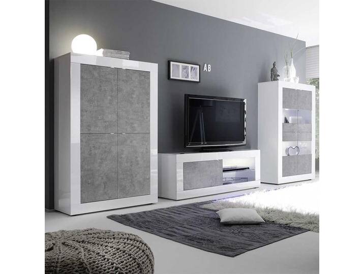 Design Wohnwand in Beton Grau und Weiß Hochglanz Metallgriffen (dreiteilig) von Homedreams