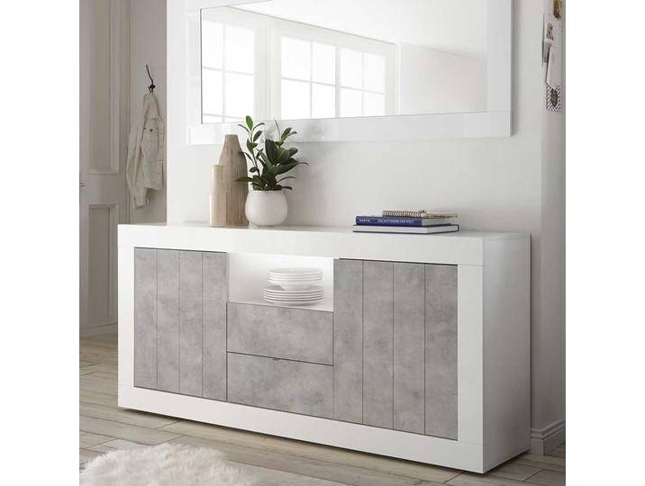 Esszimmersideboard in Weiß Hochglanz und Beton Grau Sockelgestell von Homedreams