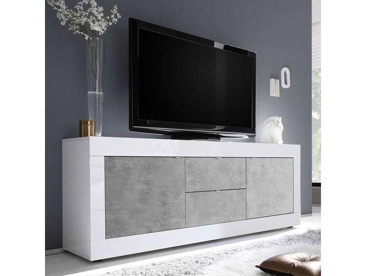 Fernseh Lowboard in Weiß und Beton Grau zwei Türen und Schubladen von Homedreams