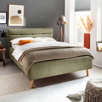 Gepolstertes Bett Skandi Grün mit Vierfußgestell aus Holz Eichefarben von Homedreams