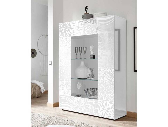 Hochglanz Vitrinenschrank in Weiß Siebdruck verziert Hochglanz Vitrinenschrank in Weiß Siebdruck verziert von Homedreams