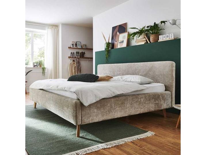 Stauraum Bett gepolstert in Beige und Eiche inklusive Lattenrost von Homedreams
