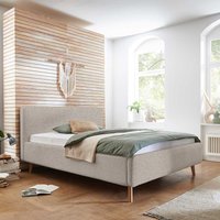 Stauraumbett Polster Beige mit Vierfußgestell aus Holz Eichefarben von Homedreams