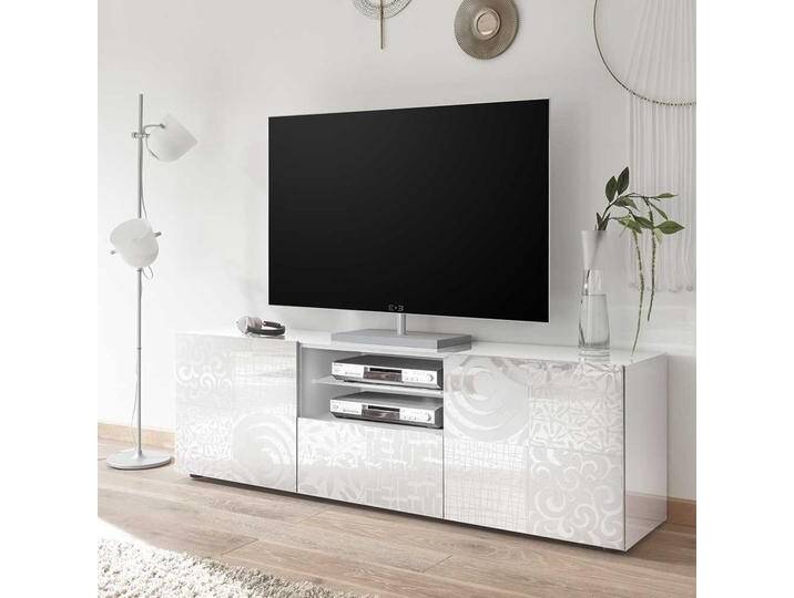 TV Lowboard in Weiß Hochglanz Siebdruck verziert von Homedreams
