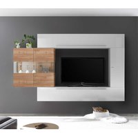 TV Wohnwand in Weiß Hochglanz und Nussbaumfarben 260 cm breit (vierteilig) von Homedreams