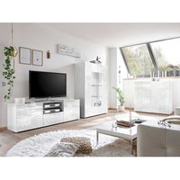 Wohnzimmer Anbauwand in Hochglanz Weiß floralem Siebdruck verziert (dreiteilig) von Homedreams