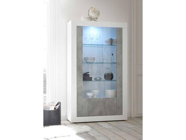Wohnzimmervitrine in Weiß Hochglanz und Beton Grau 110 cm breit von Homedreams