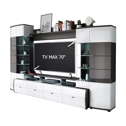 Homeface TRENDINA VA Wohnkombination 4-Teilig - Modern - Front:MDF Hochglanz - Farbe:Weiss/Grau - TV Wand - B/H/T:302,2 x 193,3 x 53,2 von Homeface