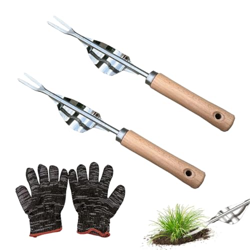 2 Stück Wurzeljäter Unkrautgabel, Unkrautstecher Edelstahl, Unkrautjäter mit Holzgriff, Manueller Weeder, Garten Manueller Weeder für den Garten Rasen Hof, Graben, Jäten, Lösen von Homefantasy