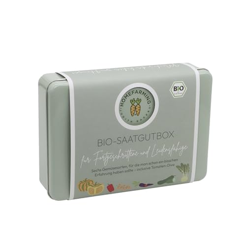Bio-Saatgut in Weißblechbox für "Fortgeschrittene und Leidensfähige" HOMEFARMING JUDITH RAKERS, samenfestes Bio-Saatgut, zertifizierte Qualität, Made in Germany von Homefarming Judith Rakers
