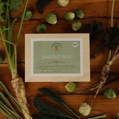 Bio-Saatgutbox Wintergemüse HOMEFARMING JUDITH RAKERS, samenfestes, zertifiziertes Bio-Saatgut aus Deutschland und Europa, in Holzbox von Homefarming Judith Rakers