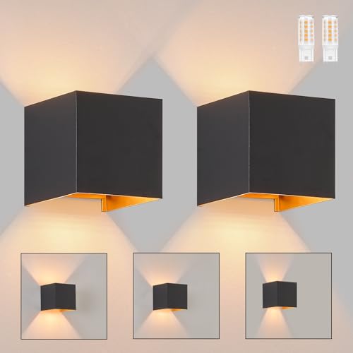 Homefire LED Wandleuchte Innen Wandlampe - 2ER Außenwandleuchten Schwarz Gold Wandbeleuchtung Aussen Aussenlampe Up Down IP65 Wandstrahler 3000K Warmweiß Außenleuchte G9 für Hauswand Treppenhaus Flur von Homefire