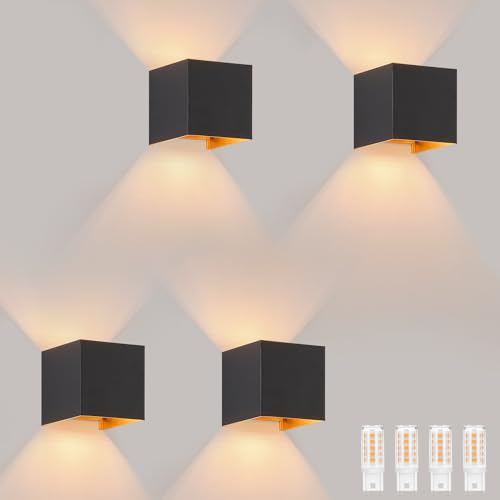 Homefire LED Wandleuchte Innen Wandlampe - 4ER Aussenlampe G9 Schwarz Gold Wandbeleuchtung Aussen Außenlampe Up Down Einstellbar Abstrahlwinkel IP65 3000K Außenwandleuchten für Hauswand Treppenhaus von Homefire