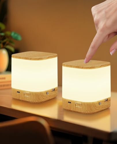 Homefire LED Nachttischlampe 2ER Touch Dimmbar: Tischlampe Akku 1800mAH USB Aufladbar Nachttischlampe Kabellos mit 3 Farbtemperaturen&Timing Nachtlicht für Schlafzimmer (Holzmaserung, 1800mAH-2ER) von Homefire