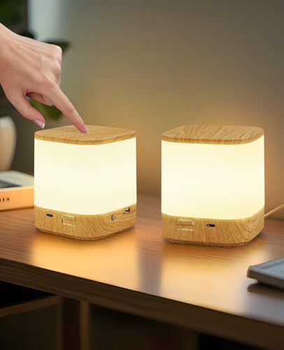 Homefire LED Nachttischlampe 2ER Touch Dimmbar: Tischlampe Akku 3600mAH USB Aufladbar Nachttischlampe Kabellos mit 3 Farbtemperaturen&Timing Nachtlicht für Schlafzimmer (Holzmaserung, 3600mAH-2ER) von Homefire