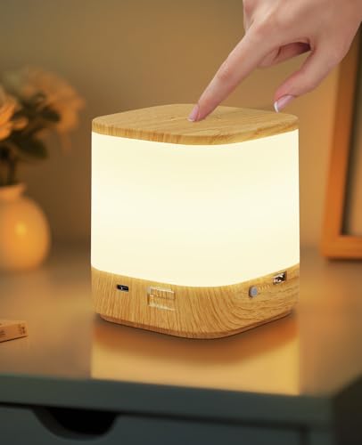 Homefire LED Nachttischlampe Touch Dimmbar: Tischlampe Akku 1800mAH USB Aufladbar Nachttischlampe Kabellos mit 3 Farbtemperaturen&Timing Nachtlicht Kinder für Schlafzimmer (Holzmaserung, 1800mAH) von Homefire