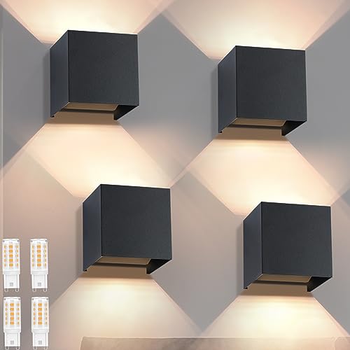 Homefire Wandlampe LED Wandleuchte Aussen - 4ER Außenwandleuchten Innen Aussenlampe Schwarz Außenlampe Up Down G9 Warmweiß Außenleuchte Wand Außenbeleuchtung IP65 Wasserdicht für Hauswand Garten von Homefire