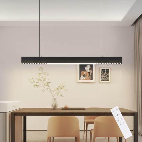 Homefire Pendelleuchte Esstisch Dimmbar Hängelampe: Linear Design Pendellampe Modern schwarz LED Hängeleuchte 107CM mit Fernbedienung Esszimmerlampe Lang Esstischlampe für Küche Esszimmer Büro von Homefire