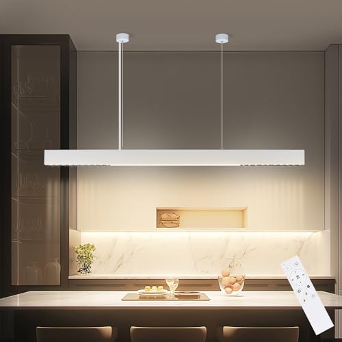 Homefire Pendelleuchte Esstisch Dimmbar Hängelampe: Modern Pendellampe Linear Design Hängeleuchte LED 107 CM mit Fernbedienung Weiß Esszimmerlampe Lang Esstischlampe für Büro Esszimmer Küche von Homefire