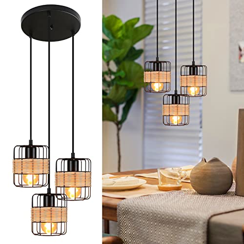 Homefire Pendelleuchte Esstisch Hängelampe Vintage - Rustikal Esstischlampe Rund Schwarz 3 Flammig Retro Hängeleuchte E27 Rattan Wohnzimmerlampe Hängend Metall Natur für Esszimmer Schlafzimmer Küche von Homefire