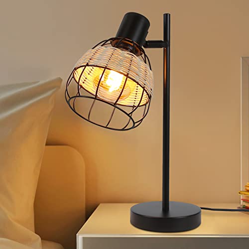 Homefire Tischlampe Vintage Tischleuchte Wohnzimmer Schwarz - E27 Nachttischlampe Retro Rattan Bambus Schwenkbar Lampenschirm Nachttischleuchte mit Schalter Max.40W Deko Schlafzimmer - Ohne Glühbirne von Homefire