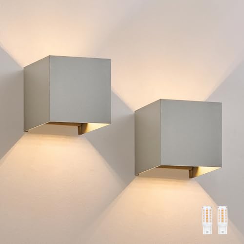 Homefire LED Wandleuchte Innen Wandlampe - 2ER Set Außenwandleuchten Grau Wandbeleuchtung Aussen Aussenlampe Außenlampe Up Down Außenleuchte IP65 Außenbeleuchtung 3000K Warmweiß für Hauswand Garten von Homefire