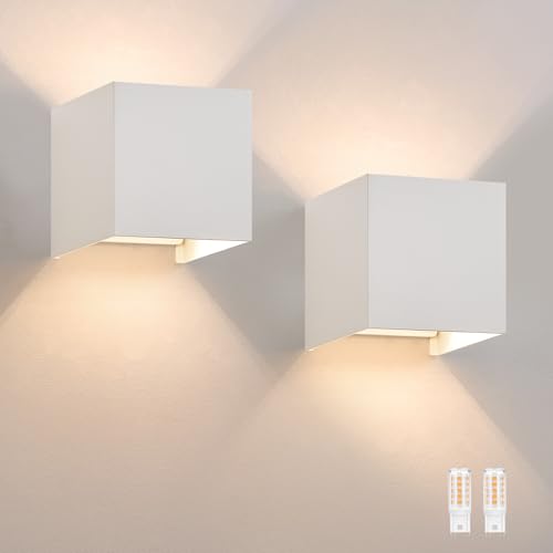 Homefire Wandlampe LED Wandleuchte Innen/Aussen: 2er set Aussenlampe Warmweiß IP65 Außenwandleuchten G9 Weiß Lampe Up Down Treppenbeleuchtung Außenleuchte für Hauswand Schlafzimmer Flur Treppenhaus von Homefire