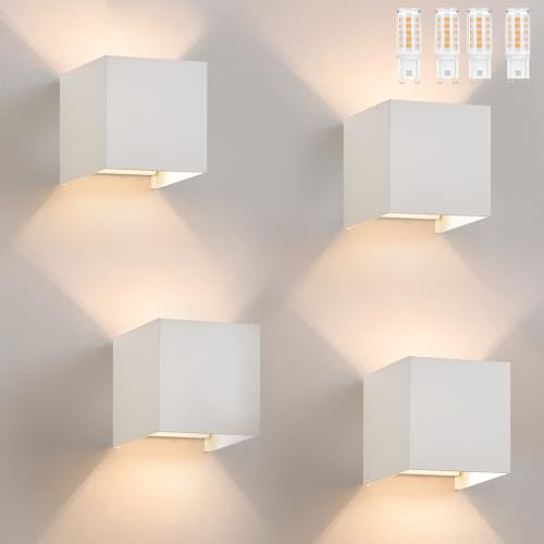 Homefire Wandlampe LED Wandleuchte Innen/Aussen: 4er G9 Aussenlampe 3000K Warmweiß Außenwandleuchten IP65 Weiß Up Down Treppenbeleuchtung Aussenleuchten für Hauswand Schlafzimmer Flur Treppenhaus von Homefire