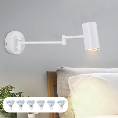Homefire Wandleuchte Innen Wandlampe Mit 6 GU10-Leuchtmitteln - Schlafzimmerlampe Wandstrahler Wandleuchten Modern Weiß Langer Arm Schwenkbar Metall Wandbeleuchtung für Wohnzimmer Flur von Homefire