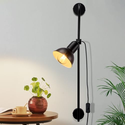 Homefire Wandleuchte Innen Wandlampe Schwarz - Wandbeleuchtung mit Schalter Stecker Wandstrahler Flur Wandlicht Vintage Metall Treppenhaus Beleuchtung Retro E27 für Wohnzimmer - Ohne Leuchtmittel von Homefire