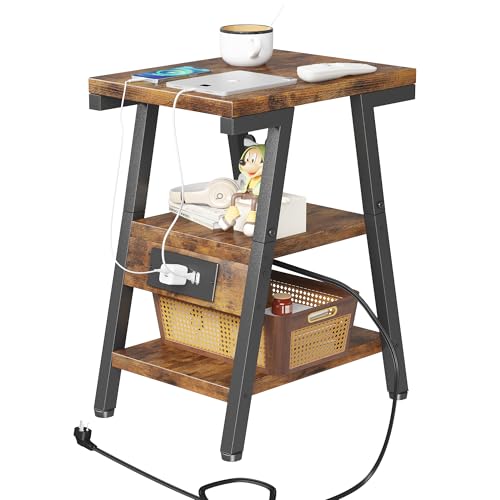 Beistelltisch mit Ladestation, Lucky 7 kleine Metallform Beistelltische, 3-stöckiger Nachttisch mit USB-Steckdosen und Anschlüssen, verstellbare Nivellierfüße, Beistelltisch für von Homeiju
