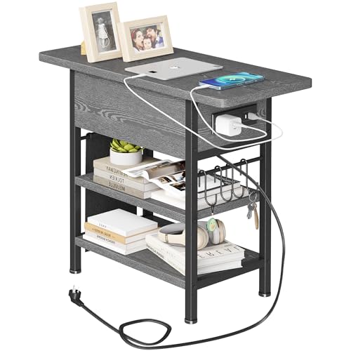 Beistelltisch mit Ladestation, Sofatisch mit Farbic-Tasche und Seitenhaken, Klappbarer Beistelltisch mit USB-Anschlüssen und Steckdosen, schmaler Nachttisch für Wohnzimmer, von Homeiju