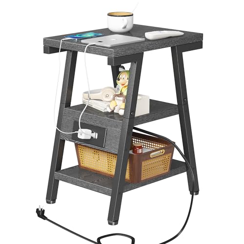 Homeiju Beistelltisch mit Ladestation, kleine Beistelltische mit Lucky 7 Metallform, 3-stöckiger Nachttisch mit Steckdosen und USB-Anschlüssen, verstellbare Nivellierfüße, Beistelltisch für Wohnzimmer von Homeiju