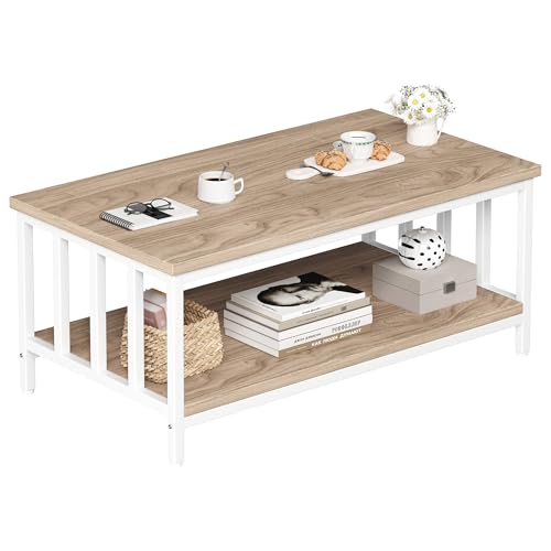Homeiju Couchtisch für Wohnzimmer mit Lattenrost, moderner Bauernhaus-Wohnzimmertisch mit 2-stöckigem Aufbewahrungsregal für Heimbüro, Wohnung, 99,1 cm, heller Kaffee von Homeiju