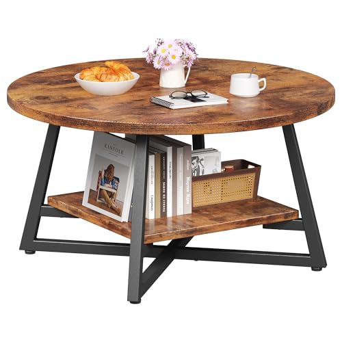 Homeiju Runder industrieller Couchtisch, 2-stöckiges Holz- und Metallgestell, rustikales Braun Homeiju Runder industrieller Couchtisch, 2-stöckiges Holz- und Metallgestell, rustikales Braun von Homeiju