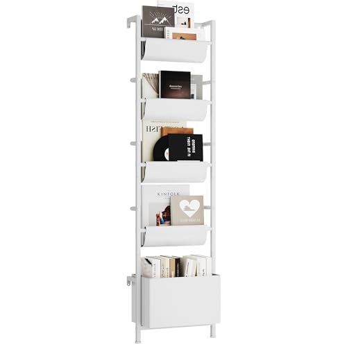Homeiju Wandmontiertes Bücherregal mit Aufbewahrungsbehälter, 5-stöckiges Leiterregal, geeignet für Bücher, Spielzeug, Zeitschriften, Dokumente, Alben, Weiß von Homeiju