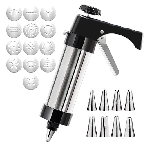 Cookies Press Gun Set, Edelstahl Spritzgebäck Presse mit 13 Schablonen und 8 Tüllen Cookies Dekorieren Kit Backen Werkzeug für DIY Plätzchen Backen, Kuchen dekorieren. von Homeily