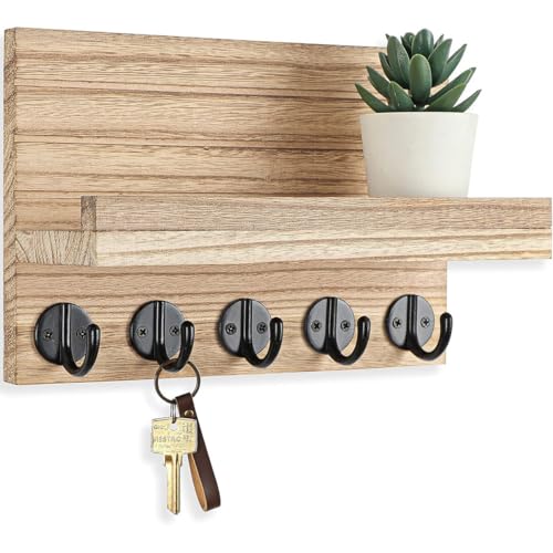 Schlüsselbrett mit Ablage, Dekoratives Holz Wandregal mit 5 Haken für Kleidung und Hüte für Wohnzimmer, Badezimmer, Schlafzimmer, Küche. (Beige) von Homeily