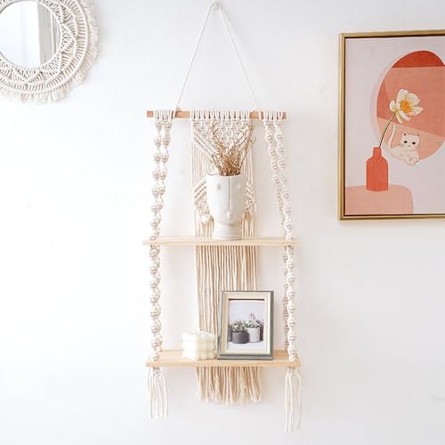 Wandregal Holz Makramee, Handgewebte Hängeregal Regal Wand Boho Deko Schweberegal Wanddeko Wohnzimmer für Home Badezimmer Schlafzimmer Kinderzimmer. (2 Stufe) von Homeily