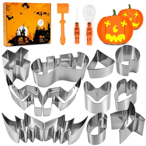 Homeinmind 15 Stück Halloween Kürbis Schnitzset mit Vorlagen Edelstahl DIY Schnitzwerkzeug Kürbis Ausstechformen Set Inklusive Gummihammer Pumpkin Carving Kit für Kinder Erwachsene und Familie von Homeinmind