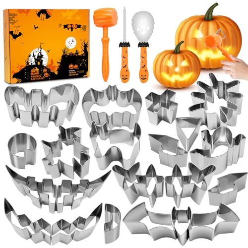 Homeinmind 24 Stück Halloween Kürbis Schnitzset mit Vorlagen Edelstahl DIY Schnitzwerkzeug Kürbis Inklusive Gummihammer Pumpkin Carving Kit für Kinder Erwachsene und Familie von Homeinmind