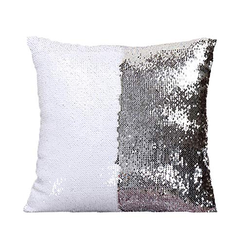 HomeLava 2er Set Zweifarbiges dekoratives Meerjungfrau-Kissen Reversible Sequins Kissenbezüge Kissenbezug 40x40 cm, Silber und Weiß von HomeLava