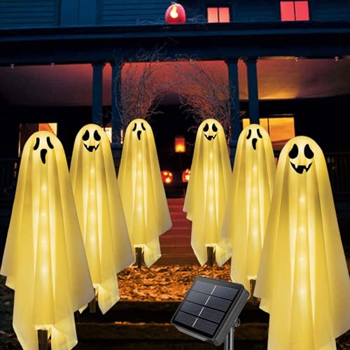 Set von 6 Solar Ghost Stake Lichter für Halloween Deko Outdoor, Scary Spooky Pathway Halloween Lichterkette für Außen Garten Patio Grab Party Dekor Wetterfest Rasen Zaun Veranda Balkon Deko Warm von Homeleo