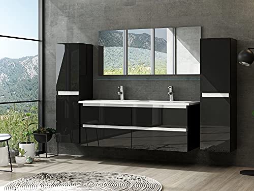 Badmöbel Set mit Schubladen Glas ablage (Marcel Schwarz, 120 cm Doppelbecken 1x Hochschrank) von Homeline