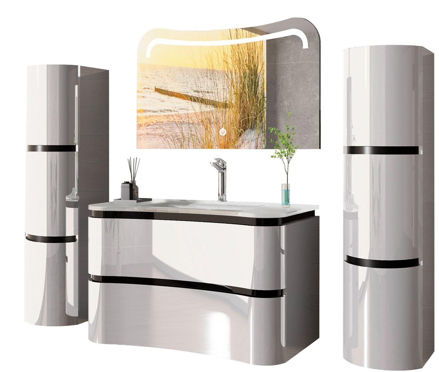 Homeline Badezimmer-Set Bad Möbelset Lady Schwarz oder Weiß Hochglanz 90 cm, (Badezimmer set, 5-St., 5 Teilig) von Homeline
