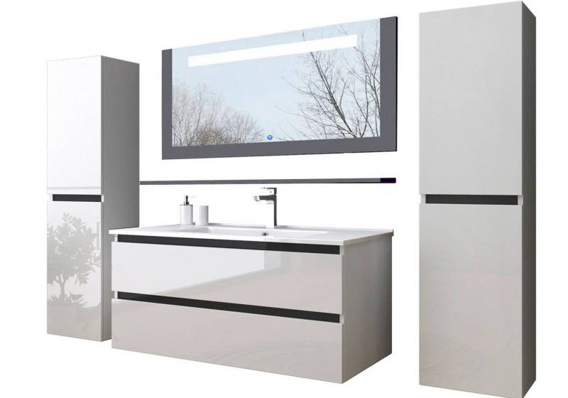 Homeline Badezimmer-Set Badmöbel Set 90 cm Weiß Kaiser Mit Danny Spiegel schwarz Led, (Badmöbel, 6-St., Badmöbel Set) von Homeline
