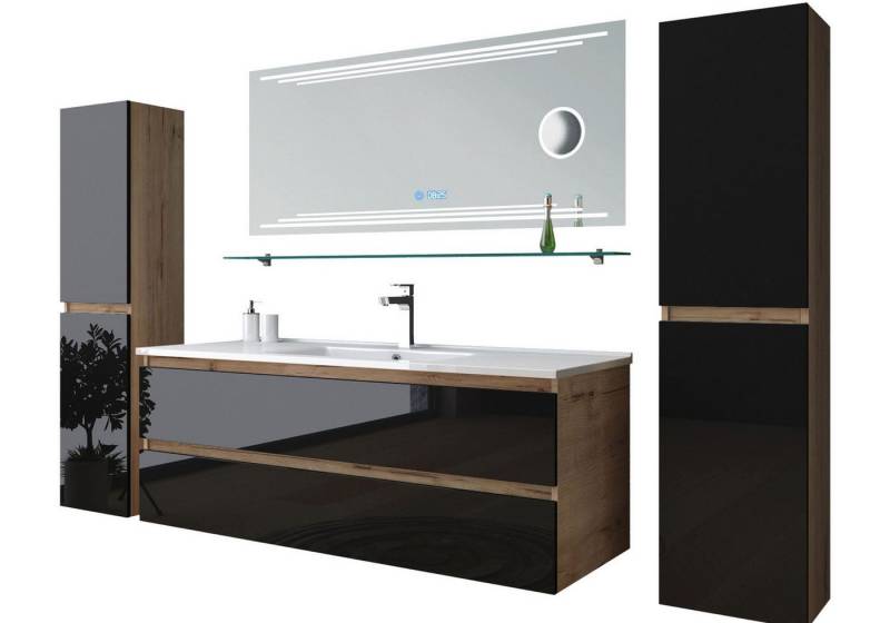 Homeline Badezimmer-Set Kaiser badmöbel Set Eiche/Schwarz Kosmetik Spiegel 60 90 120 cm, (Bad Möbel Set, 6-St., Bis 6 Teilig) von Homeline