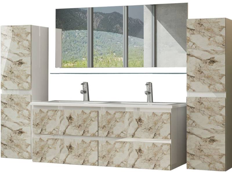 Homeline Badmöbel-Set Diana Doppel Waschbecken mit Spiegel Hängeschränke 120 cm, (Badmöbel Set 120 cm Weiss Marmor Optik Hochglanz Diana Badezimmermöbel Bad 6 Teilg, 6-St) von Homeline