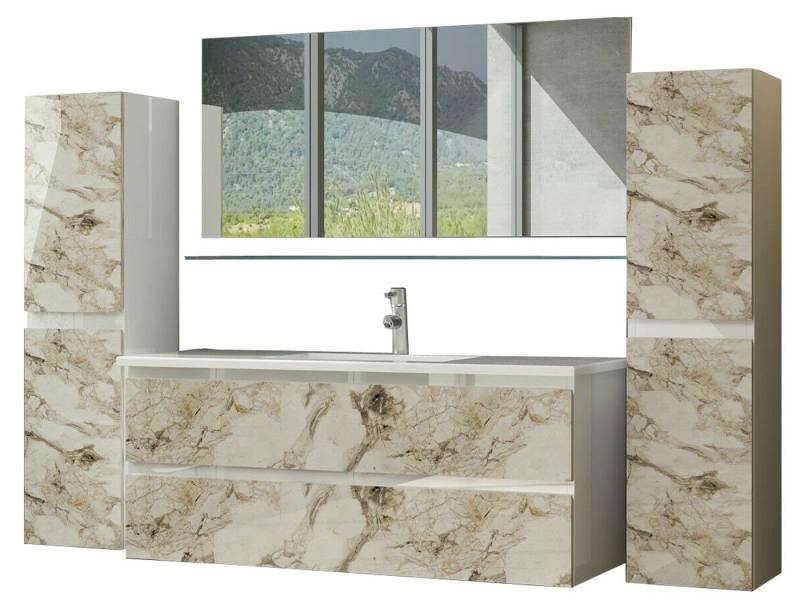 Homeline Badmöbel-Set 90 cm Badmöbel set Hochglanz Weiß Beige / Marmor Optik badmöbel von Homeline